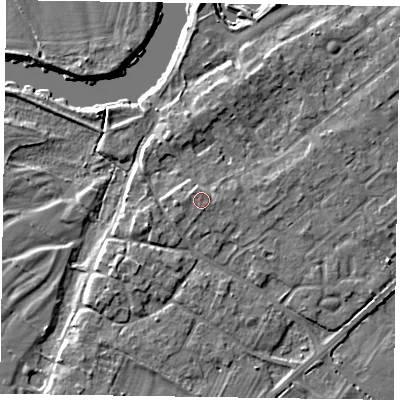 Shaded relief map of the ground around NG243SS, computed from Environment Agency LiDAR. The ground here sits at about 14 m above sea level and falls 5 m across the surrounding 800 m. Surface water reaching this point runs off ground lying to the west, 1.7 m higher.