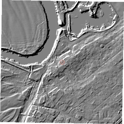Shaded relief map of the ground around NG243SX, computed from Environment Agency LiDAR. The ground here sits at about 14 m above sea level and falls 6 m across the surrounding 800 m. Surface water reaching this point runs off ground lying to the south-east, 1.8 m higher.