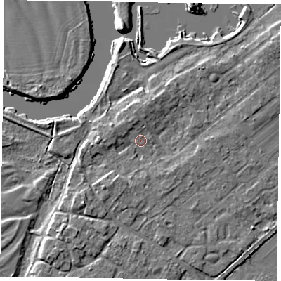 Shaded relief map of the ground around NG243TB, computed from Environment Agency LiDAR. The ground here sits at about 13 m above sea level and falls 6 m across the surrounding 800 m. Surface water reaching this point runs off ground lying to the south-west, 3.1 m higher.