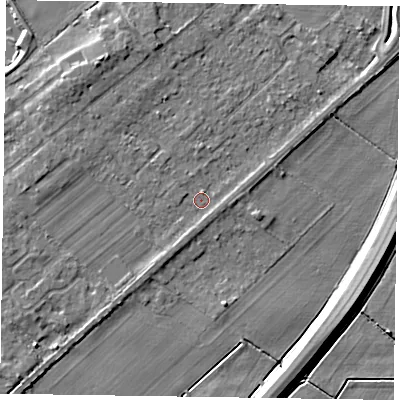 Shaded relief map of the ground around NG243TJ, computed from Environment Agency LiDAR. The ground here sits at about 12 m above sea level and falls 5 m across the surrounding 800 m. Surface water reaching this point runs off ground lying to the north-west, 2.9 m higher.