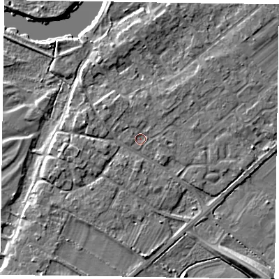 Shaded relief map of the ground around NG243TN, computed from Environment Agency LiDAR. The ground here sits at about 13 m above sea level and falls 11 m across the surrounding 800 m. Surface water reaching this point runs off ground lying to the north-north-west, 1.7 m higher.