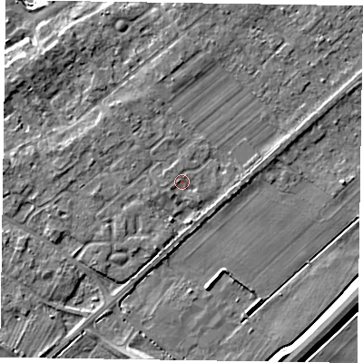 Shaded relief map of the ground around NG243TP, computed from Environment Agency LiDAR. The ground here sits at about 13 m above sea level and falls 6 m across the surrounding 800 m. Surface water reaching this point runs off ground lying to the south-south-west, 1.7 m higher.