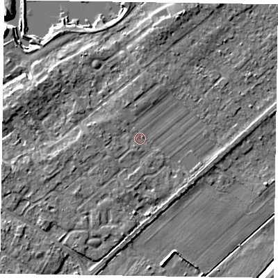 Shaded relief map of the ground around NG243TQ, computed from Environment Agency LiDAR. The ground here sits at about 13 m above sea level and falls 6 m across the surrounding 800 m. Surface water reaching this point runs off ground lying to the north-west, 0.8 m higher.