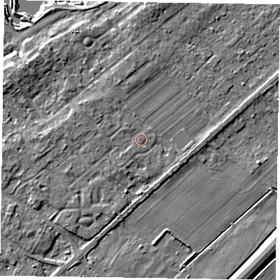 Shaded relief map of the ground around NG243TS, computed from Environment Agency LiDAR. The ground here sits at about 13 m above sea level and falls 5 m across the surrounding 800 m. Surface water reaching this point runs off ground lying to the north-west, 1.2 m higher.
