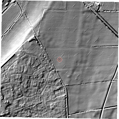 Shaded relief map of the ground around NG243UA, computed from Environment Agency LiDAR. The ground here sits at about 16 m above sea level and falls 10 m across the surrounding 800 m. Surface water reaching this point runs off ground lying to the north-west, 4.5 m higher.