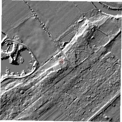 Shaded relief map of the ground around NG243UE, computed from Environment Agency LiDAR. The ground here sits at about 14 m above sea level and falls 6 m across the surrounding 800 m. Surface water reaching this point runs off ground lying to the south, 2.1 m higher.