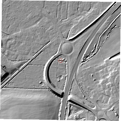 Shaded relief map of the ground around NG243UG, computed from Environment Agency LiDAR. The ground here sits at about 14 m above sea level and falls 12 m across the surrounding 800 m. Surface water reaching this point runs off ground lying to the south, 8.6 m higher.