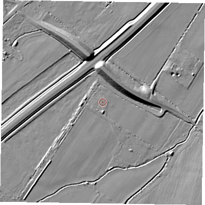 Shaded relief map of the ground around NG243UH, computed from Environment Agency LiDAR. The ground here sits at about 13 m above sea level and falls 12 m across the surrounding 800 m. Surface water reaching this point runs off ground lying to the south, 1.6 m higher.