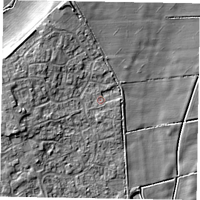 Shaded relief map of the ground around NG243UL, computed from Environment Agency LiDAR. The ground here sits at about 16 m above sea level and falls 10 m across the surrounding 800 m. Surface water reaching this point runs off ground lying to the west-south-west, 4.5 m higher.
