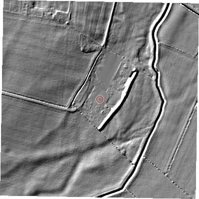 Shaded relief map of the ground around NG243UT, computed from Environment Agency LiDAR. The ground here sits at about 15 m above sea level and falls 7 m across the surrounding 800 m. Surface water reaching this point runs off ground lying to the west-north-west, 4.3 m higher.