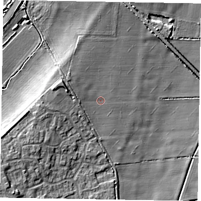 Shaded relief map of the ground around NG243XE, computed from Environment Agency LiDAR. The ground here sits at about 17 m above sea level and falls 10 m across the surrounding 800 m. Surface water reaching this point runs off ground lying to the west-north-west, 2.6 m higher.