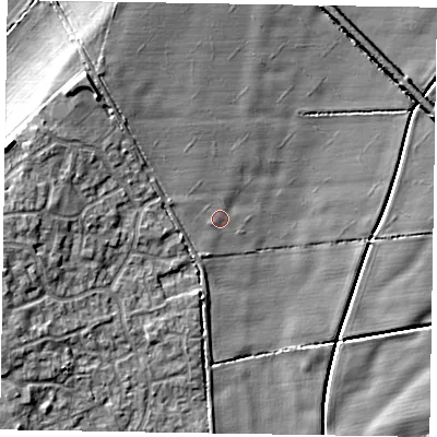 Shaded relief map of the ground around NG243XG, computed from Environment Agency LiDAR. The ground here sits at about 16 m above sea level and falls 9 m across the surrounding 800 m. Surface water reaching this point runs off ground lying to the west-north-west, 1.0 m higher.
