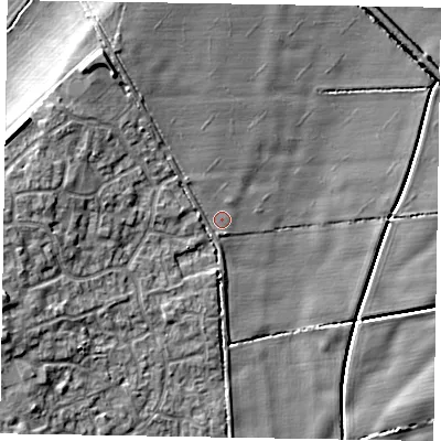 Shaded relief map of the ground around NG243XL, computed from Environment Agency LiDAR. The ground here sits at about 16 m above sea level and falls 10 m across the surrounding 800 m. Surface water reaching this point runs off ground lying to the west, 5.2 m higher.