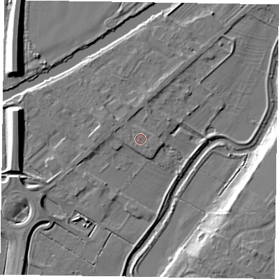 Shaded relief map of the ground around NG244FG, computed from Environment Agency LiDAR. The ground here sits at about 13 m above sea level and falls 10 m across the surrounding 800 m. Surface water reaching this point runs off ground lying to the west-north-west, 0.7 m higher.