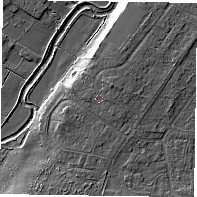 Shaded relief map of the ground around NG244QH, computed from Environment Agency LiDAR. The ground here sits at about 18 m above sea level and falls 10 m across the surrounding 800 m. Surface water reaching this point runs off ground lying to the north-east, 1.4 m higher.