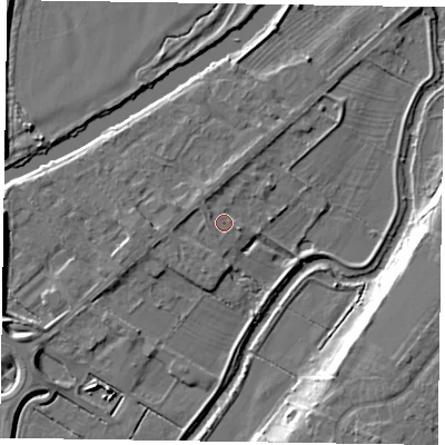 Shaded relief map of the ground around NG244RF, computed from Environment Agency LiDAR. The ground here sits at about 13 m above sea level and falls 10 m across the surrounding 800 m. Surface water reaching this point runs off ground lying to the west-north-west, 1.5 m higher.