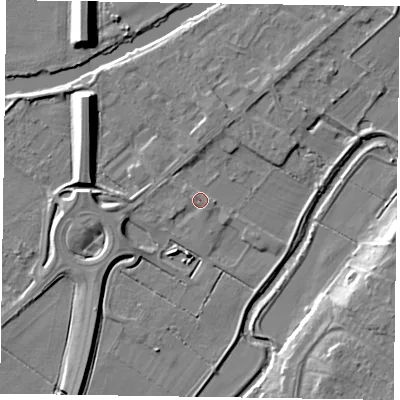 Shaded relief map of the ground around NG244RP, computed from Environment Agency LiDAR. The ground here sits at about 13 m above sea level and falls 9 m across the surrounding 800 m. Surface water reaching this point runs off ground lying to the west, 3.3 m higher.