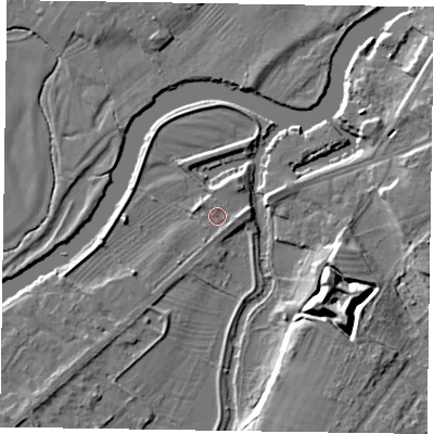 Shaded relief map of the ground around NG244RS, computed from Environment Agency LiDAR. The ground here sits at about 12 m above sea level and falls 11 m across the surrounding 800 m. Surface water reaching this point runs off ground lying to the east-south-east, 1.5 m higher.