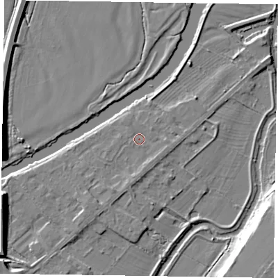 Shaded relief map of the ground around NG244RT, computed from Environment Agency LiDAR. The ground here sits at about 12 m above sea level and falls 10 m across the surrounding 800 m. Surface water reaching this point runs off ground lying to the south-south-west, 1.7 m higher.