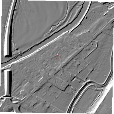 Shaded relief map of the ground around NG244RU, computed from Environment Agency LiDAR. The ground here sits at about 12 m above sea level and falls 10 m across the surrounding 800 m. Surface water reaching this point runs off ground lying to the south-south-west, 1.7 m higher.