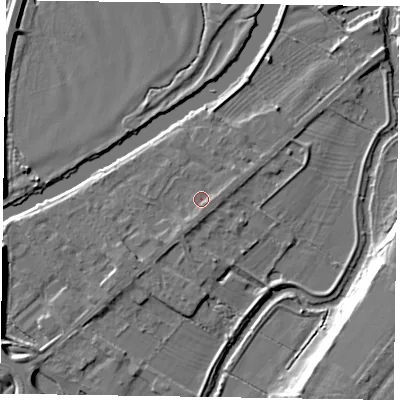Shaded relief map of the ground around NG244RX, computed from Environment Agency LiDAR. The ground here sits at about 12 m above sea level and falls 10 m across the surrounding 800 m. Surface water reaching this point runs off ground lying to the south-south-west, 1.4 m higher.