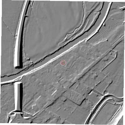 Shaded relief map of the ground around NG244RY, computed from Environment Agency LiDAR. The ground here sits at about 12 m above sea level and falls 9 m across the surrounding 800 m. Surface water reaching this point runs off ground lying to the south-south-east, 1.7 m higher.