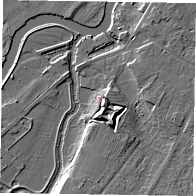 Shaded relief map of the ground around NG244RZ, computed from Environment Agency LiDAR. The ground here sits at about 14 m above sea level and falls 11 m across the surrounding 800 m. Surface water reaching this point runs off ground lying to the south-south-east, 7.6 m higher.