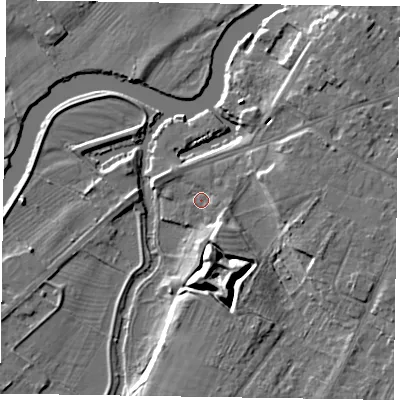 Shaded relief map of the ground around NG244SB, computed from Environment Agency LiDAR. The ground here sits at about 12 m above sea level and falls 11 m across the surrounding 800 m. Surface water reaching this point runs off ground lying to the south-south-east, 4.9 m higher.