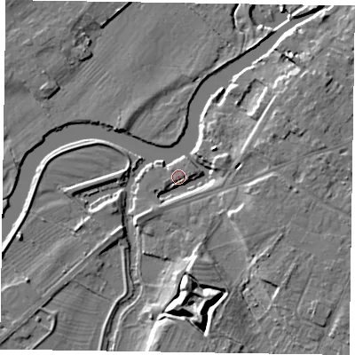 Shaded relief map of the ground around NG244SD, computed from Environment Agency LiDAR. The ground here sits at about 12 m above sea level and falls 12 m across the surrounding 800 m. Surface water reaching this point runs off ground lying to the south-south-east, 7.8 m higher.
