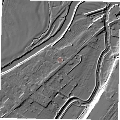 Shaded relief map of the ground around NG244SE, computed from Environment Agency LiDAR. The ground here sits at about 12 m above sea level and falls 9 m across the surrounding 800 m. Surface water reaching this point runs off ground lying to the south-south-west, 1.5 m higher.