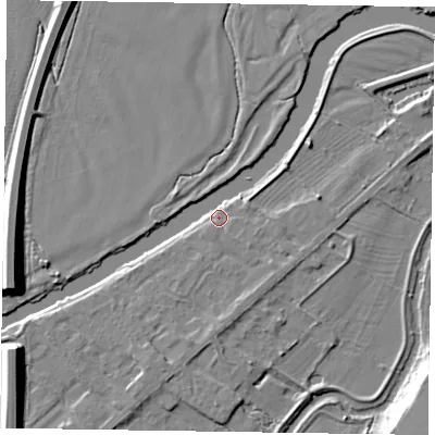 Shaded relief map of the ground around NG244SJ, computed from Environment Agency LiDAR. The ground here sits at about 12 m above sea level and falls 9 m across the surrounding 800 m. Surface water reaching this point runs off ground lying to the south-south-west, 4.0 m higher.