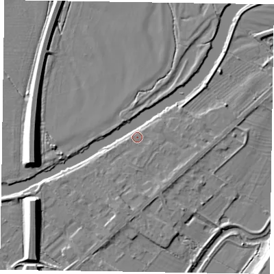 Shaded relief map of the ground around NG244SL, computed from Environment Agency LiDAR. The ground here sits at about 12 m above sea level and falls 9 m across the surrounding 800 m. Surface water reaching this point runs off ground lying to the south-south-west, 4.0 m higher.