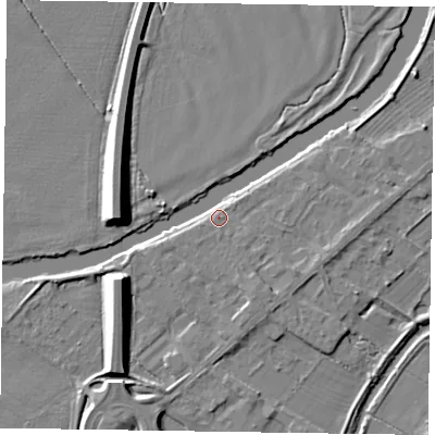 Shaded relief map of the ground around NG244SN, computed from Environment Agency LiDAR. The ground here sits at about 13 m above sea level and falls 9 m across the surrounding 800 m. Surface water reaching this point runs off ground lying to the south-south-east, 4.0 m higher.