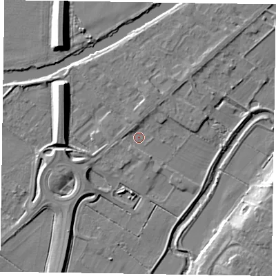 Shaded relief map of the ground around NG244SP, computed from Environment Agency LiDAR. The ground here sits at about 12 m above sea level and falls 9 m across the surrounding 800 m. Surface water reaching this point runs off ground lying to the north-north-east, 2.0 m higher.