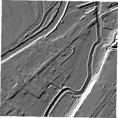 Shaded relief map of the ground around NG244SQ, computed from Environment Agency LiDAR. The ground here sits at about 12 m above sea level and falls 10 m across the surrounding 800 m. Surface water reaching this point runs off ground lying to the west, 1.6 m higher.