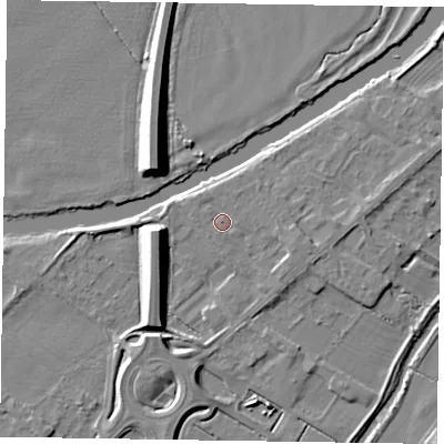 Shaded relief map of the ground around NG244SR, computed from Environment Agency LiDAR. The ground here sits at about 13 m above sea level and falls 9 m across the surrounding 800 m. Surface water reaching this point runs off ground lying to the west-north-west, 0.6 m higher.