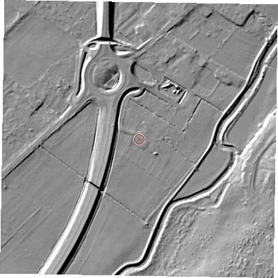 Shaded relief map of the ground around NG244SS, computed from Environment Agency LiDAR. The ground here sits at about 12 m above sea level and falls 8 m across the surrounding 800 m. Surface water reaching this point runs off ground lying to the south-south-east, 0.9 m higher.