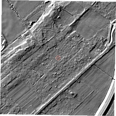 Shaded relief map of the ground around NG244SU, computed from Environment Agency LiDAR. The ground here sits at about 13 m above sea level and falls 5 m across the surrounding 800 m. Surface water reaching this point runs off ground lying to the east, 0.6 m higher.