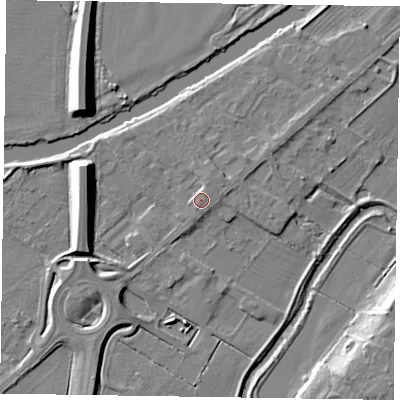 Shaded relief map of the ground around NG244SW, computed from Environment Agency LiDAR. The ground here sits at about 14 m above sea level and falls 9 m across the surrounding 800 m. Surface water reaching this point runs off ground lying to the north-east, 1.4 m higher.