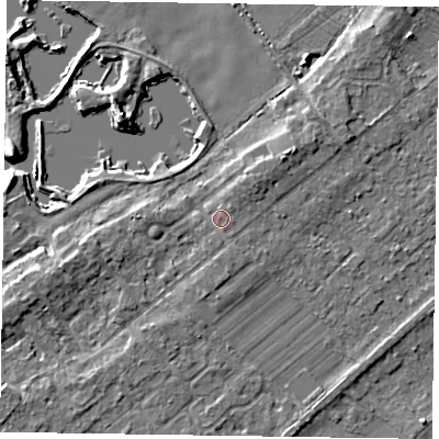 Shaded relief map of the ground around NG244TD, computed from Environment Agency LiDAR. The ground here sits at about 14 m above sea level and falls 6 m across the surrounding 800 m. Surface water reaching this point runs off ground lying to the east, 1.0 m higher.