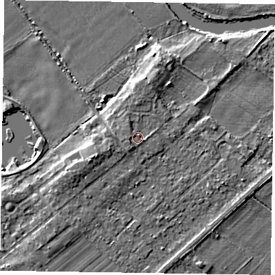 Shaded relief map of the ground around NG244TF, computed from Environment Agency LiDAR. The ground here sits at about 14 m above sea level and falls 5 m across the surrounding 800 m. Surface water reaching this point runs off ground lying to the west-south-west, 1.1 m higher.