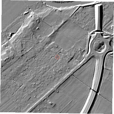 Shaded relief map of the ground around NG244TH, computed from Environment Agency LiDAR. The ground here sits at about 12 m above sea level and falls 9 m across the surrounding 800 m. Surface water reaching this point runs off ground lying to the west, 3.3 m higher.