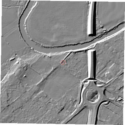 Shaded relief map of the ground around NG244TJ, computed from Environment Agency LiDAR. The ground here sits at about 12 m above sea level and falls 9 m across the surrounding 800 m. Surface water reaching this point runs off ground lying to the east-north-east, 8.1 m higher.