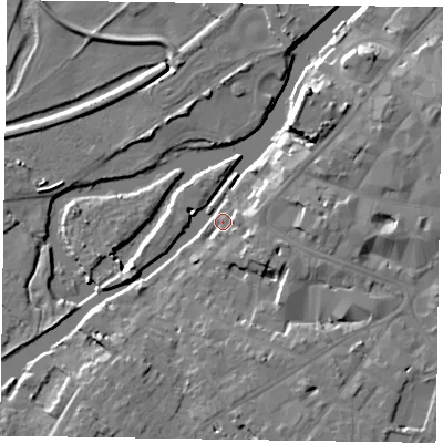 Shaded relief map of the ground around NG244TN, computed from Environment Agency LiDAR. The ground here sits at about 12 m above sea level and falls 12 m across the surrounding 800 m. Surface water reaching this point runs off ground lying to the east, 9.3 m higher.