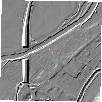Shaded relief map of the ground around NG244TP, computed from Environment Agency LiDAR. The ground here sits at about 13 m above sea level and falls 9 m across the surrounding 800 m. Surface water reaching this point runs off ground lying to the south-south-east, 1.6 m higher.