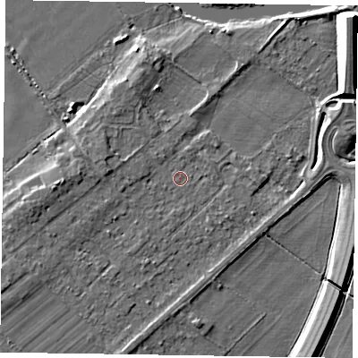 Shaded relief map of the ground around NG244TQ, computed from Environment Agency LiDAR. The ground here sits at about 13 m above sea level and falls 9 m across the surrounding 800 m. Surface water reaching this point runs off ground lying to the west, 1.9 m higher.