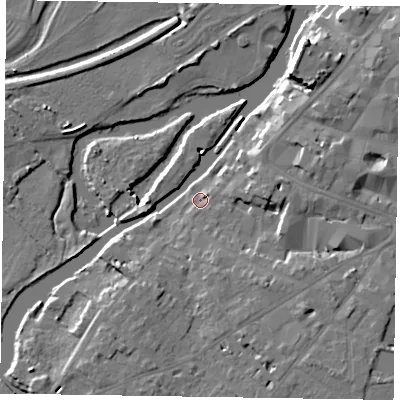 Shaded relief map of the ground around NG244TS, computed from Environment Agency LiDAR. The ground here sits at about 12 m above sea level and falls 12 m across the surrounding 800 m. Surface water reaching this point runs off ground lying to the south-east, 6.8 m higher.