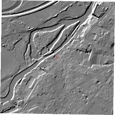 Shaded relief map of the ground around NG244TT, computed from Environment Agency LiDAR. The ground here sits at about 12 m above sea level and falls 12 m across the surrounding 800 m. Surface water reaching this point runs off ground lying to the east-south-east, 6.5 m higher.