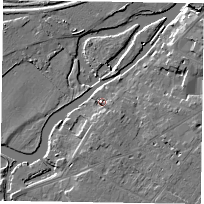 Shaded relief map of the ground around NG244TZ, computed from Environment Agency LiDAR. The ground here sits at about 15 m above sea level and falls 12 m across the surrounding 800 m. Surface water reaching this point runs off ground lying to the south, 4.1 m higher.