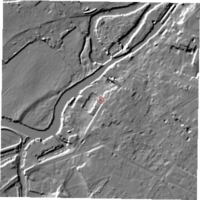 Shaded relief map of the ground around NG244UB, computed from Environment Agency LiDAR. The ground here sits at about 14 m above sea level and falls 9 m across the surrounding 800 m. Surface water reaching this point runs off ground lying to the south-west, 3.2 m higher.